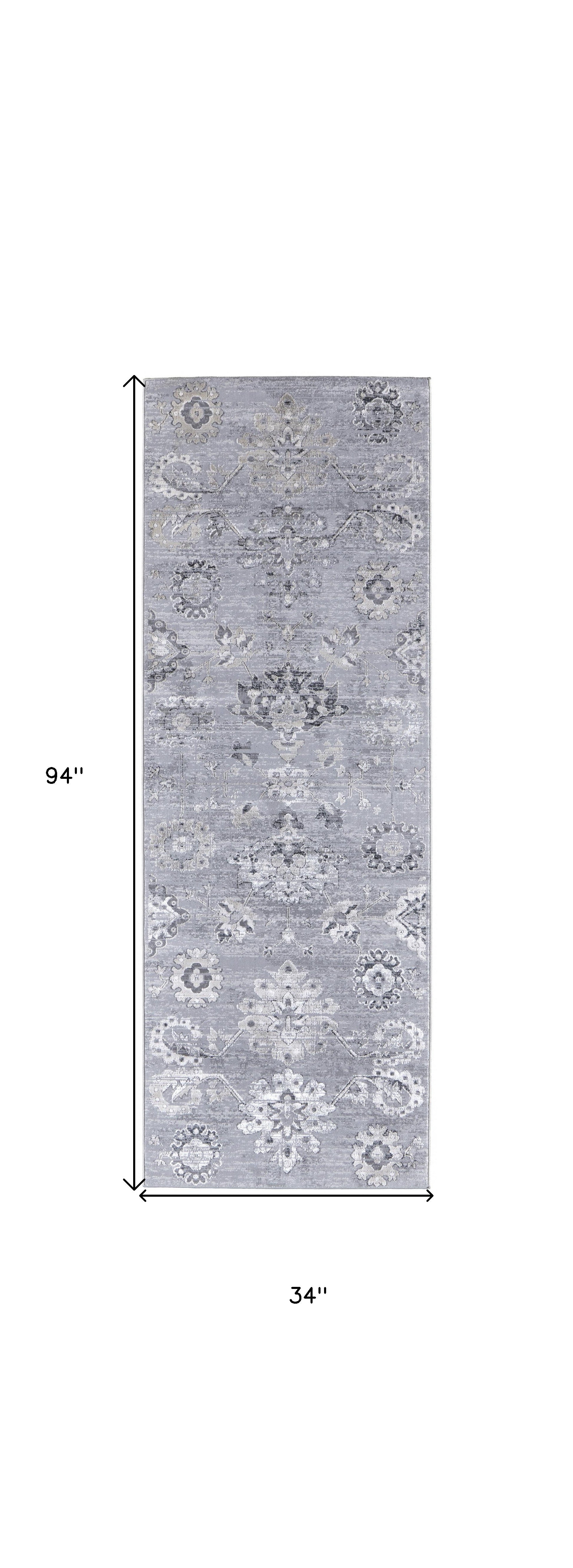 4' X 6' Silver And Black Floral Power Loom Distressed Area Rug