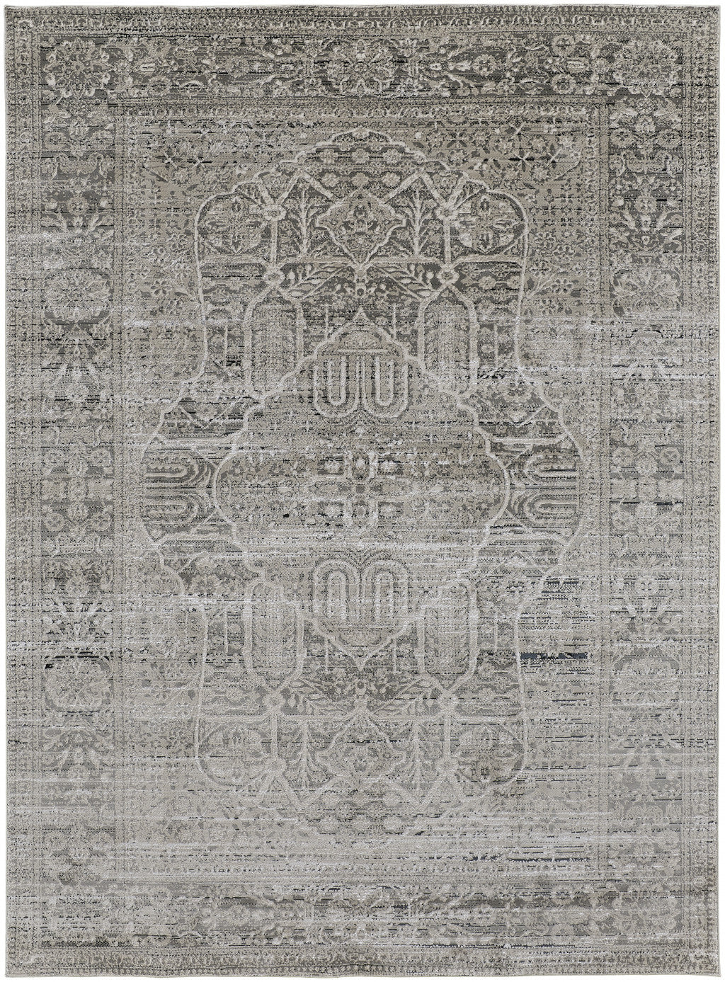 4' X 6' Gray Silver And Taupe Floral Power Loom Distressed Area Rug