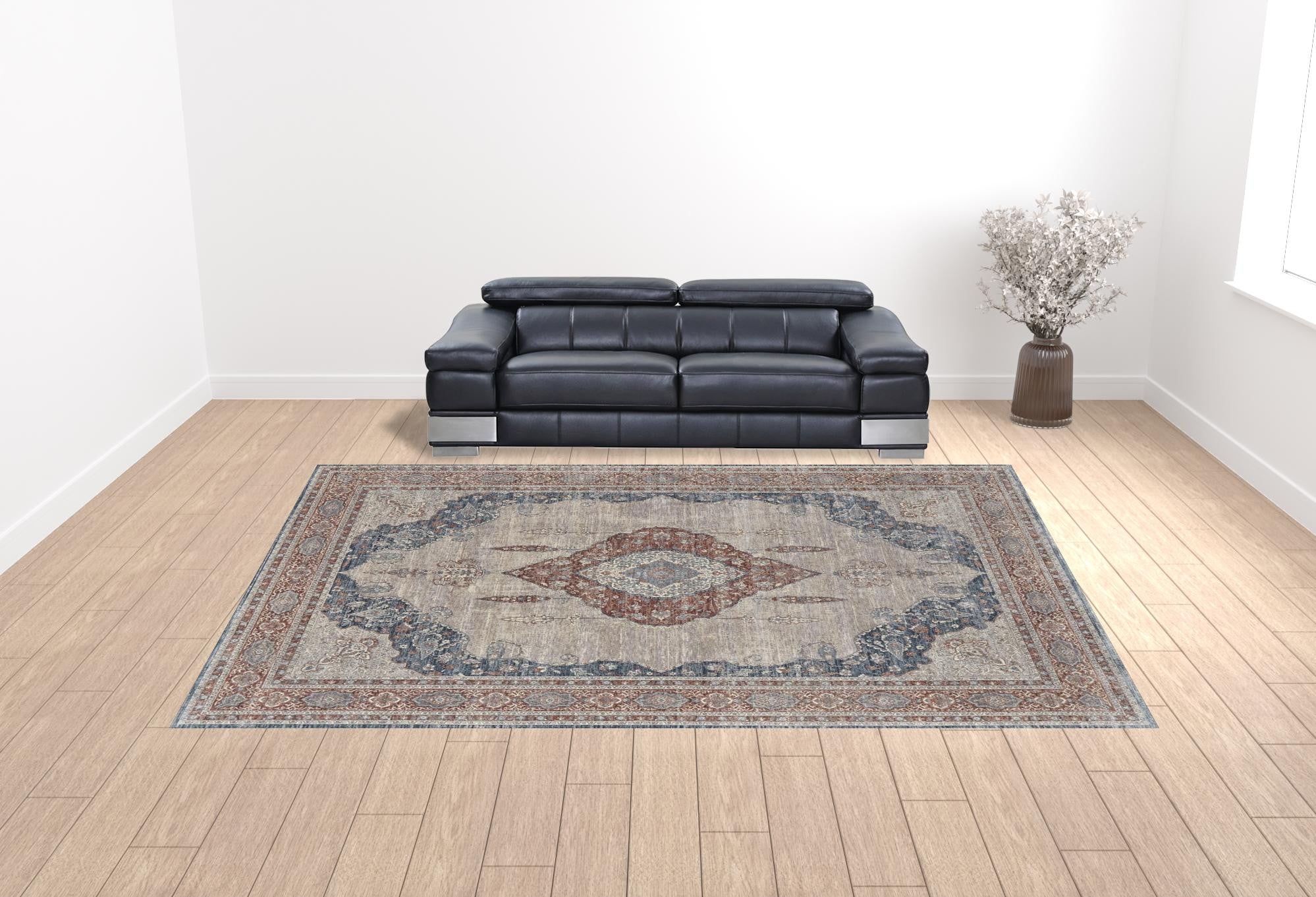 5' X 7' Gray Red And Blue Floral Power Loom Stain Resistant Area Rug