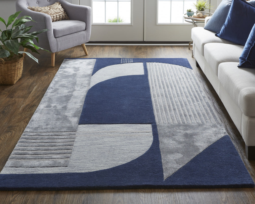4' X 6' Blue And Silver Wool Geometric Tufted Handmade Area Rug