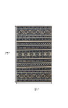 Blue Tan And Black Geometric Power Loom Distressed Stain Resistant Area Rug - 4' x 6'