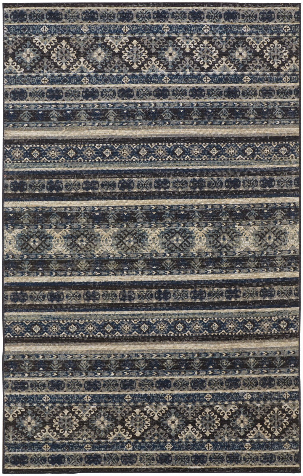 Blue Tan And Black Geometric Power Loom Distressed Stain Resistant Area Rug - 4' x 6'
