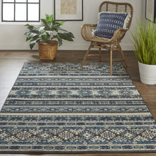 Blue Tan And Black Geometric Power Loom Distressed Stain Resistant Area Rug - 4' x 6'