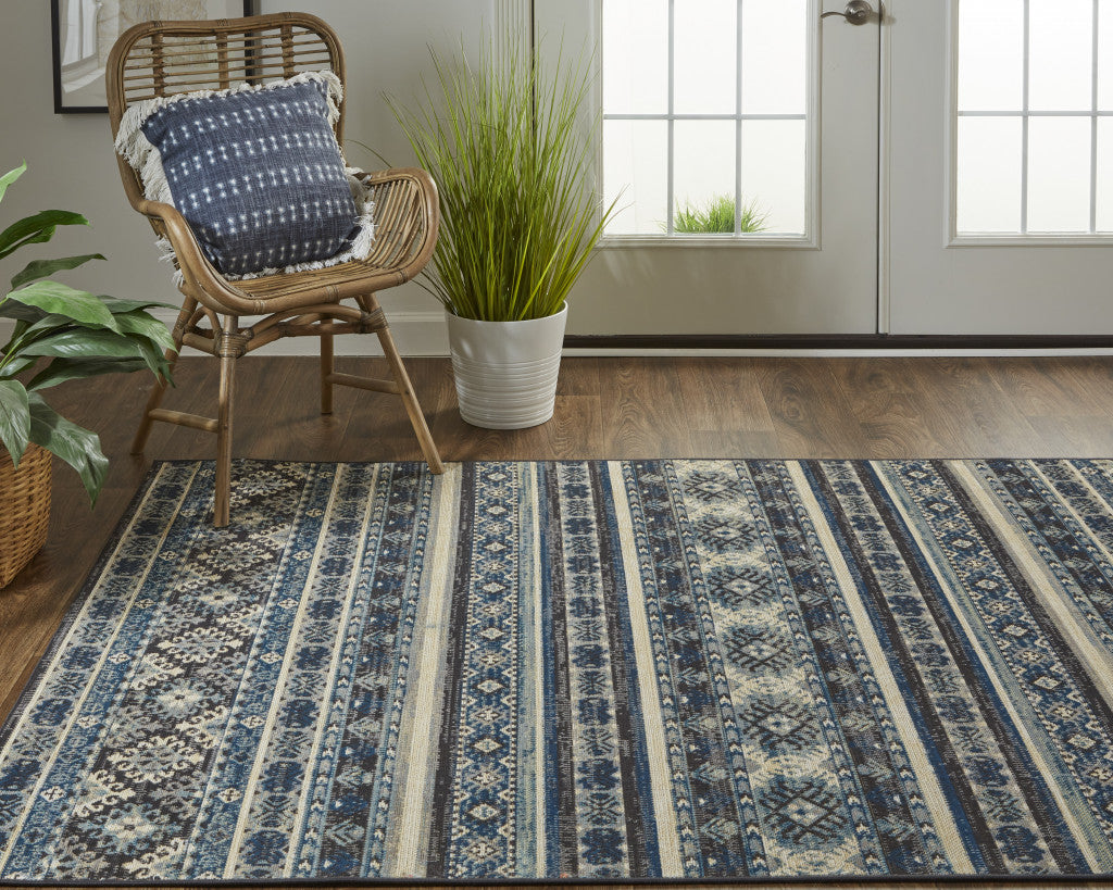 Blue Tan And Black Geometric Power Loom Distressed Stain Resistant Area Rug - 4' x 6'