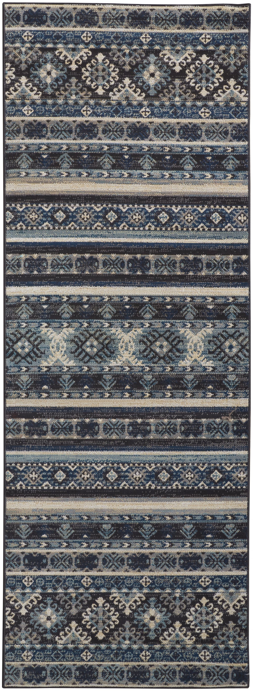 Blue Tan And Black Geometric Power Loom Distressed Stain Resistant Area Rug - 4' x 6'