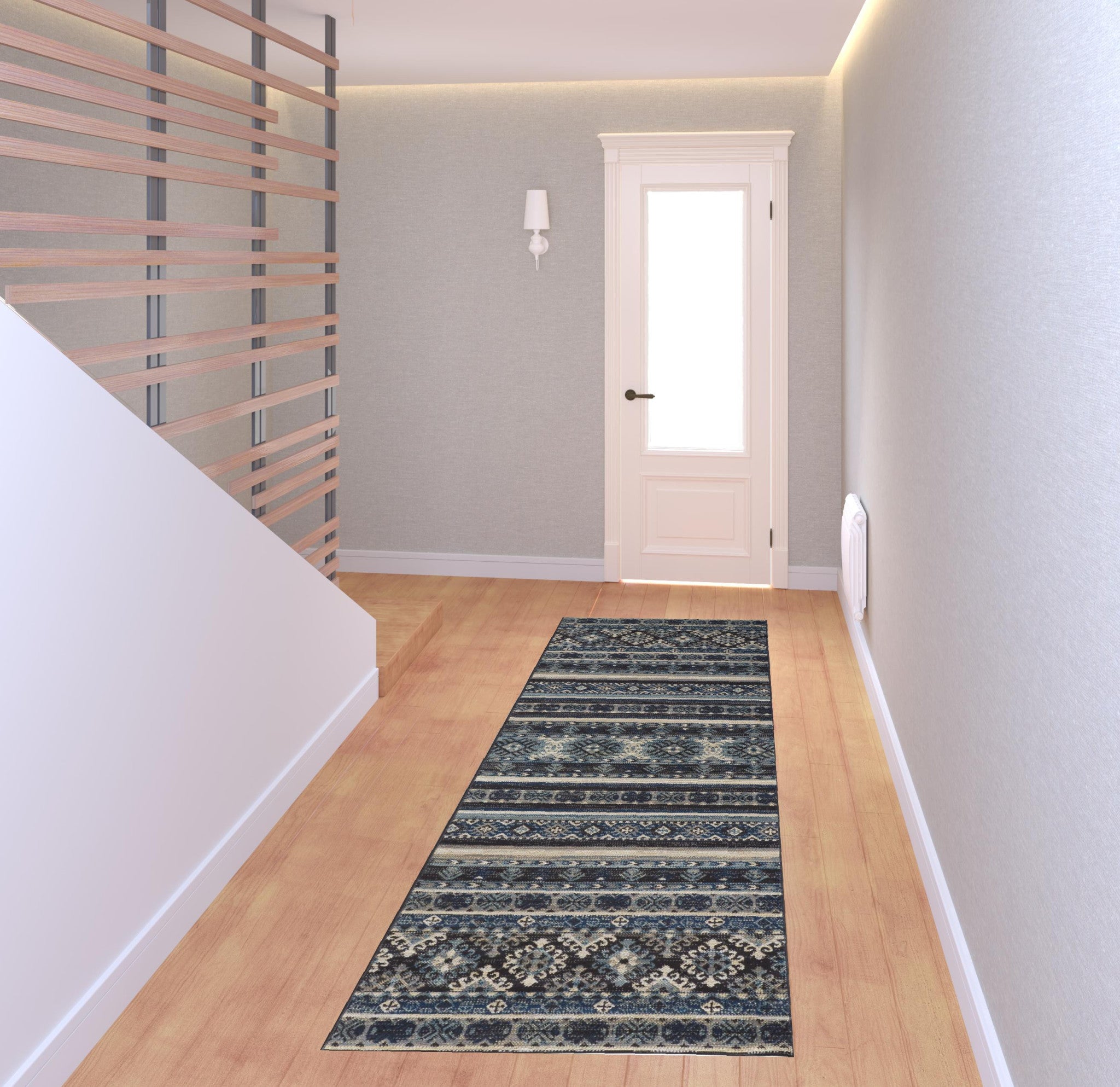 Blue Tan And Black Geometric Power Loom Distressed Stain Resistant Area Rug - 4' x 6'