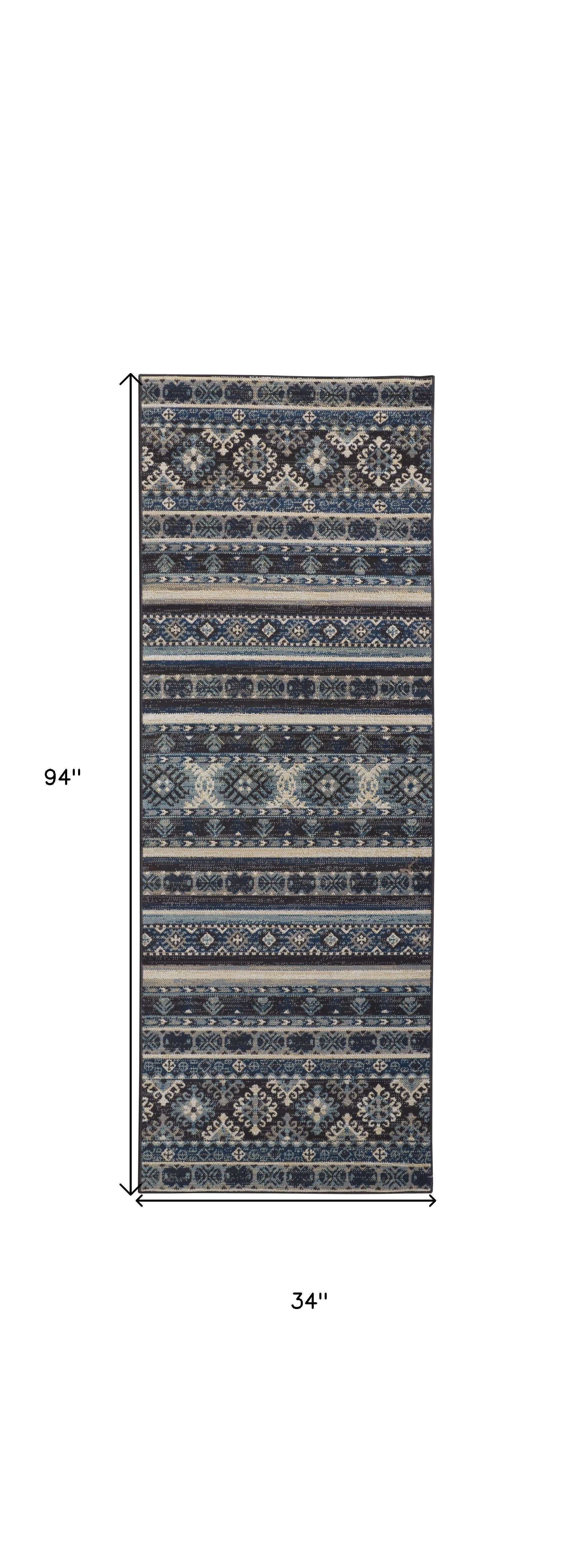 Blue Tan And Black Geometric Power Loom Distressed Stain Resistant Area Rug - 4' x 6'