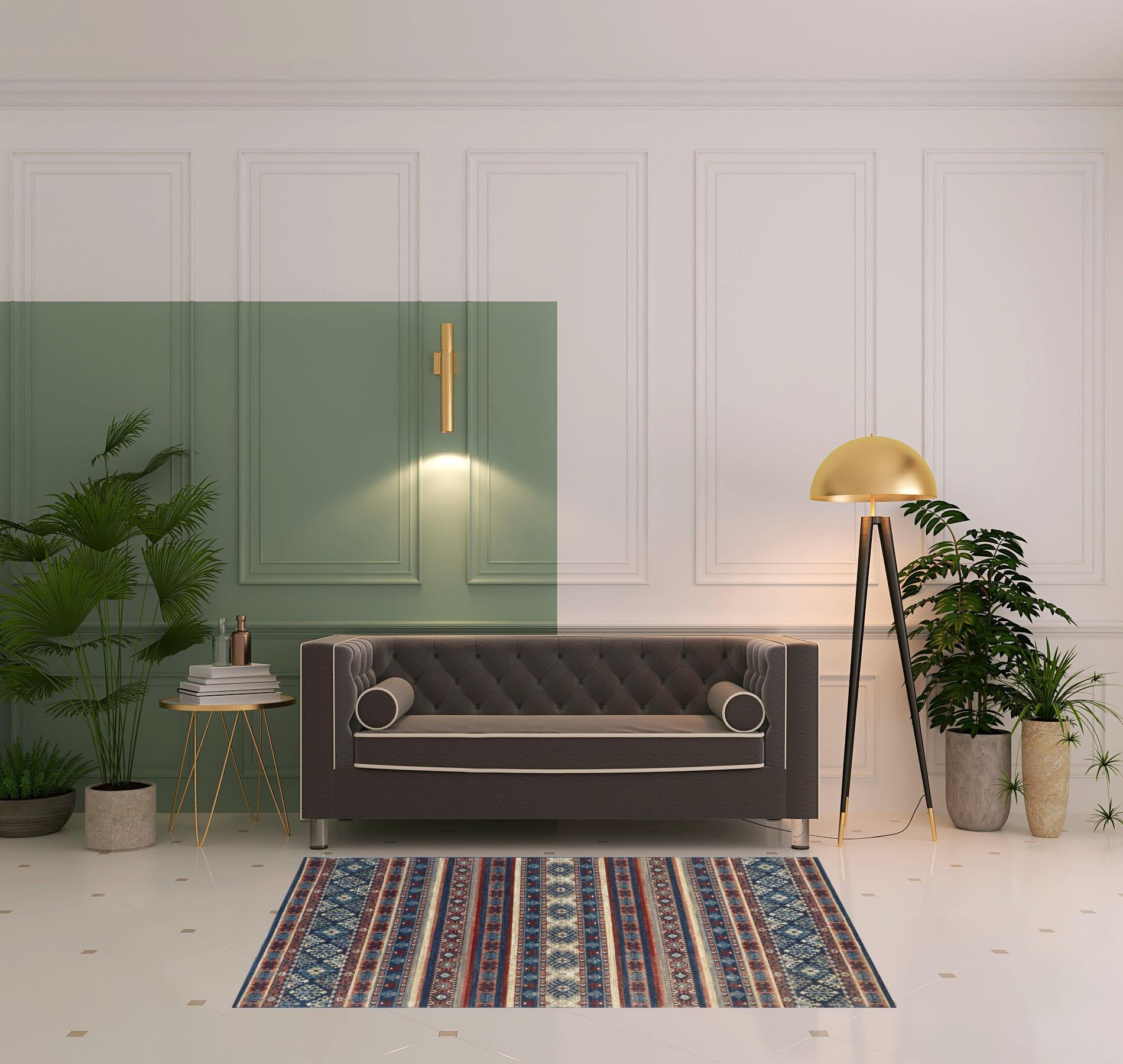 Blue Tan And Black Geometric Power Loom Distressed Stain Resistant Area Rug - 4' x 6'