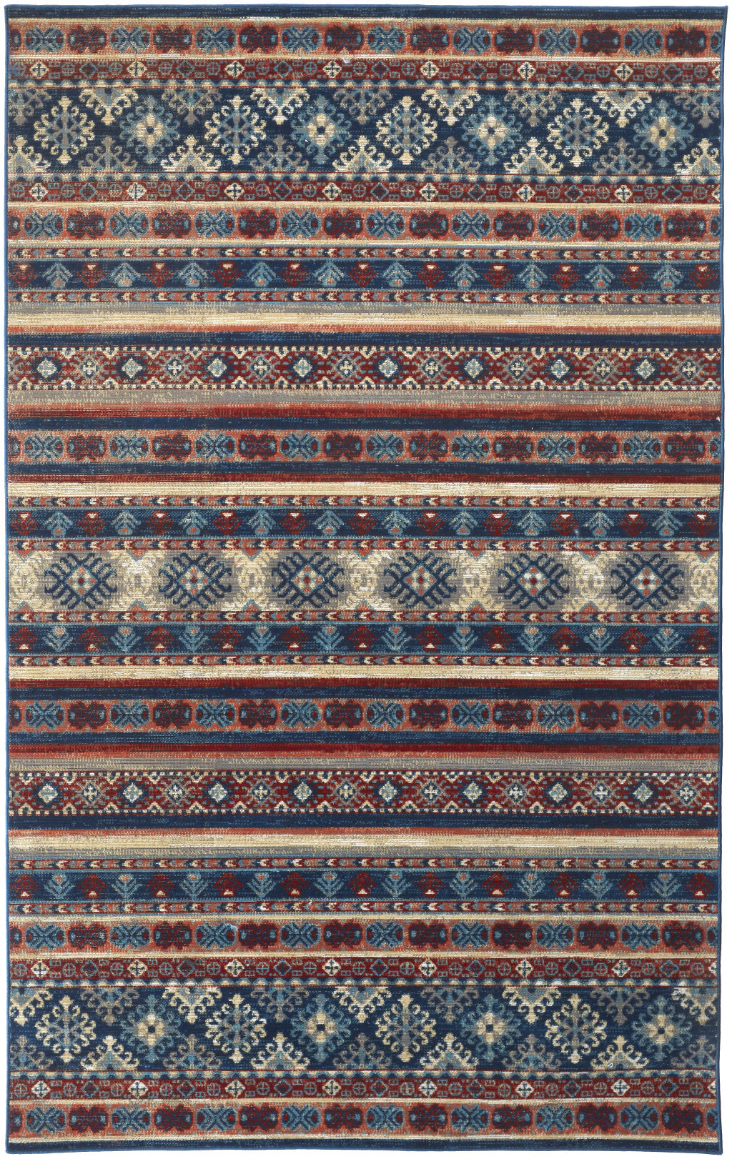 Blue Tan And Black Geometric Power Loom Distressed Stain Resistant Area Rug - 4' x 6'