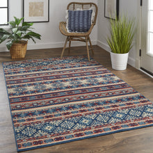 Blue Tan And Black Geometric Power Loom Distressed Stain Resistant Area Rug - 4' x 6'