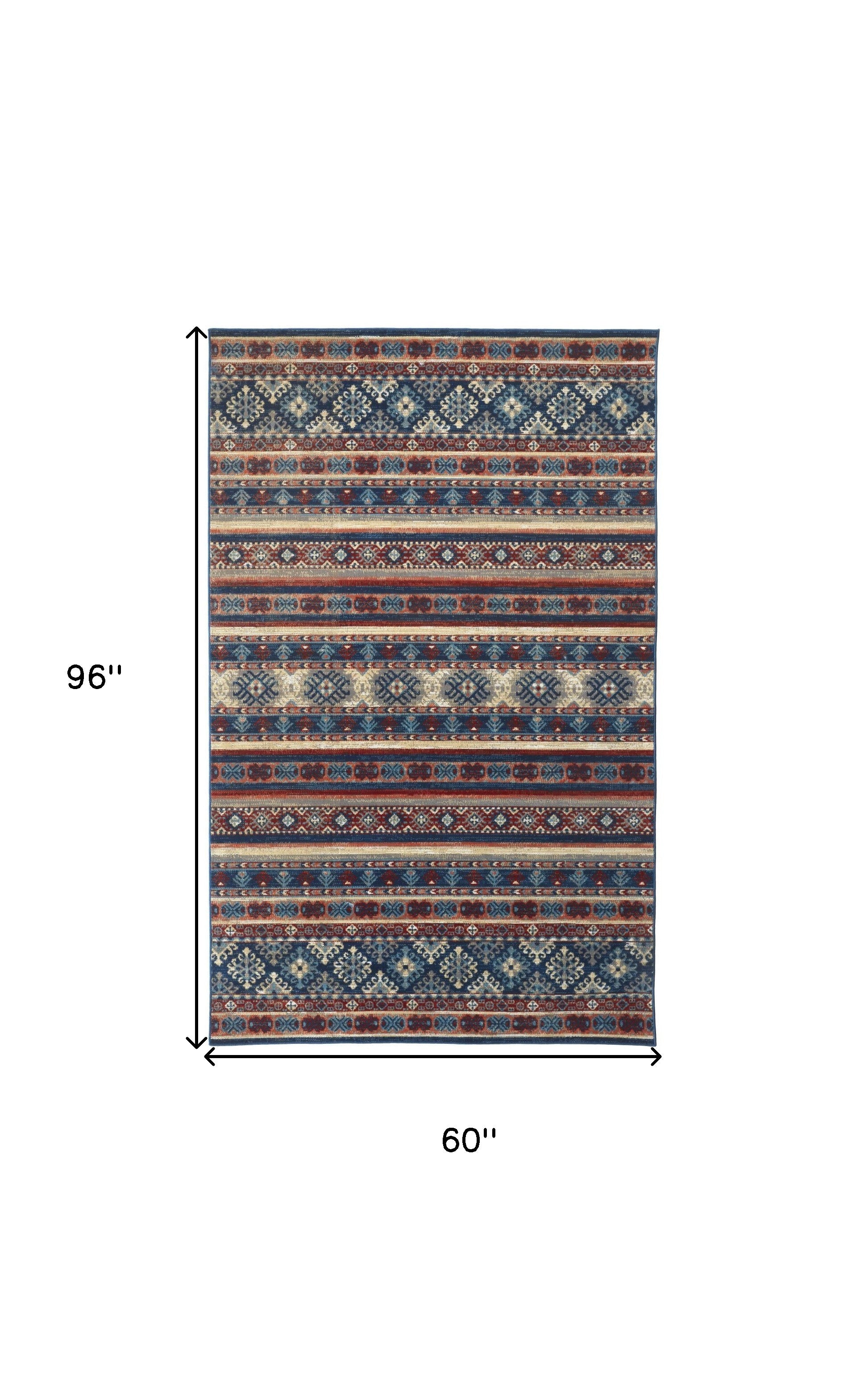 Blue Tan And Black Geometric Power Loom Distressed Stain Resistant Area Rug - 4' x 6'