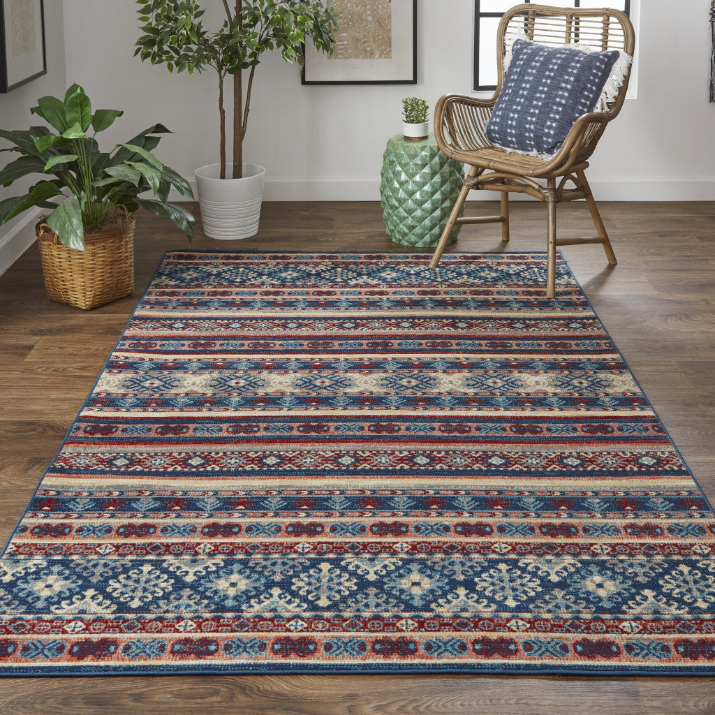 Blue Tan And Black Geometric Power Loom Distressed Stain Resistant Area Rug - 4' x 6'