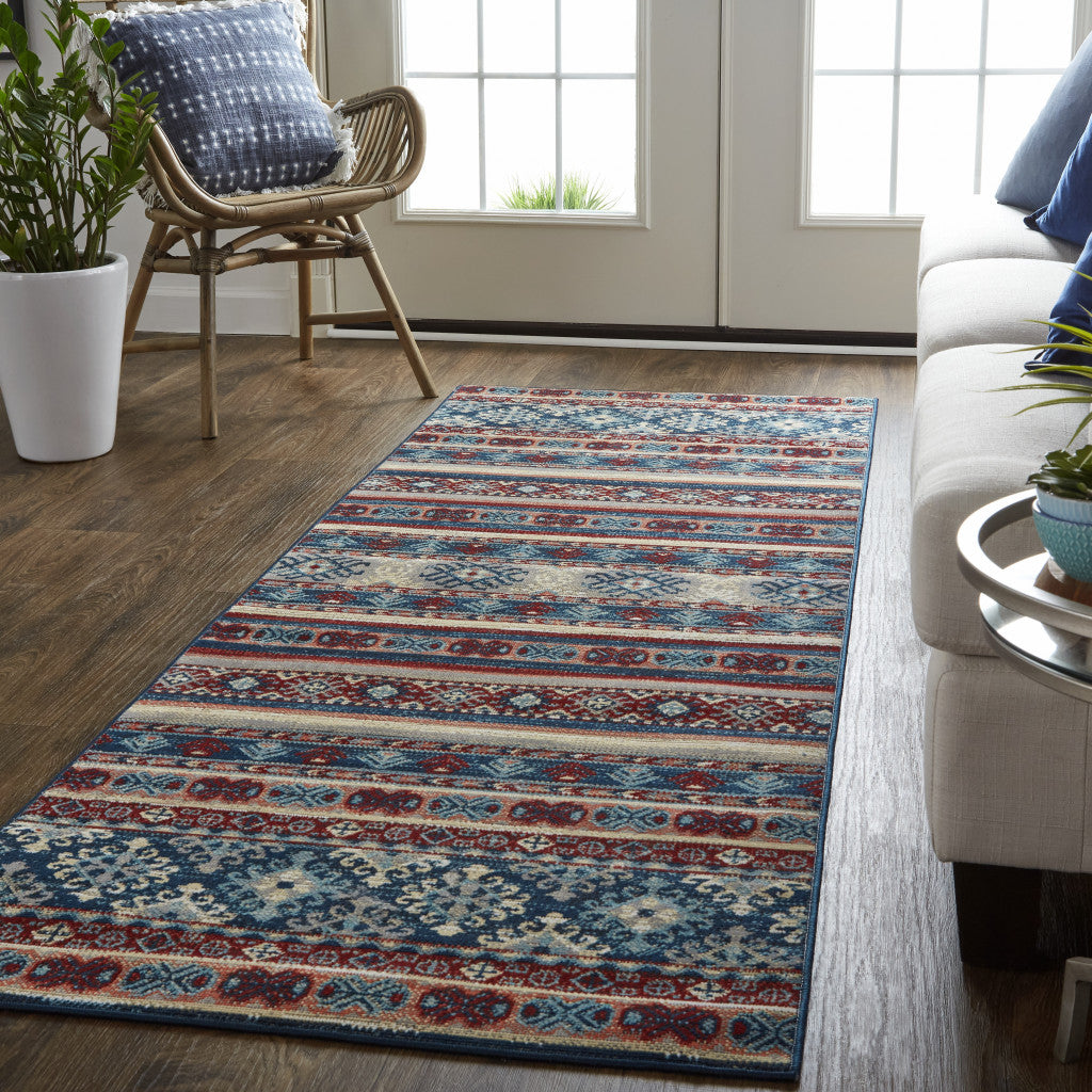 Blue Tan And Black Geometric Power Loom Distressed Stain Resistant Area Rug - 4' x 6'