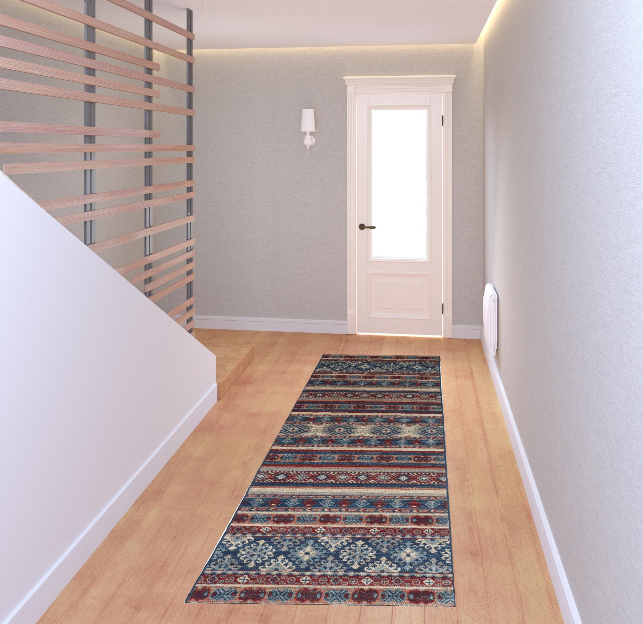 Blue Tan And Black Geometric Power Loom Distressed Stain Resistant Area Rug - 4' x 6'