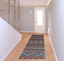 Blue Tan And Black Geometric Power Loom Distressed Stain Resistant Area Rug - 4' x 6'