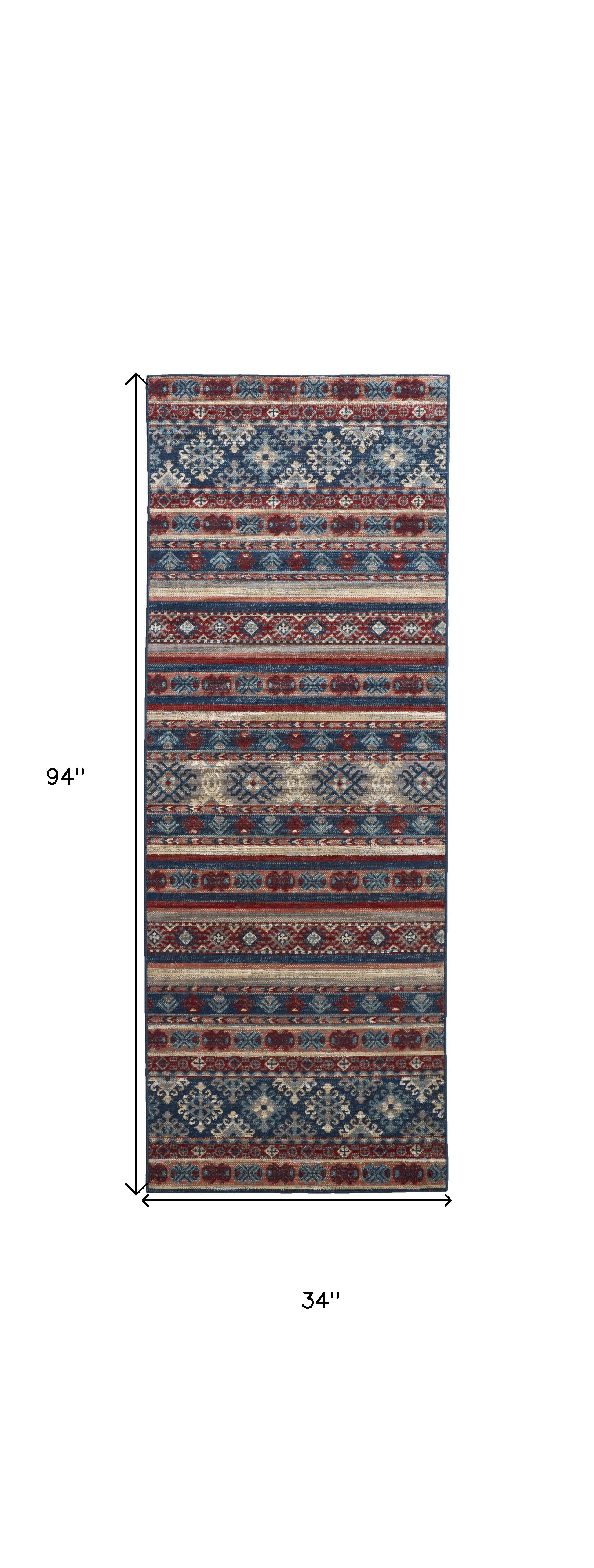Blue Tan And Black Geometric Power Loom Distressed Stain Resistant Area Rug - 4' x 6'