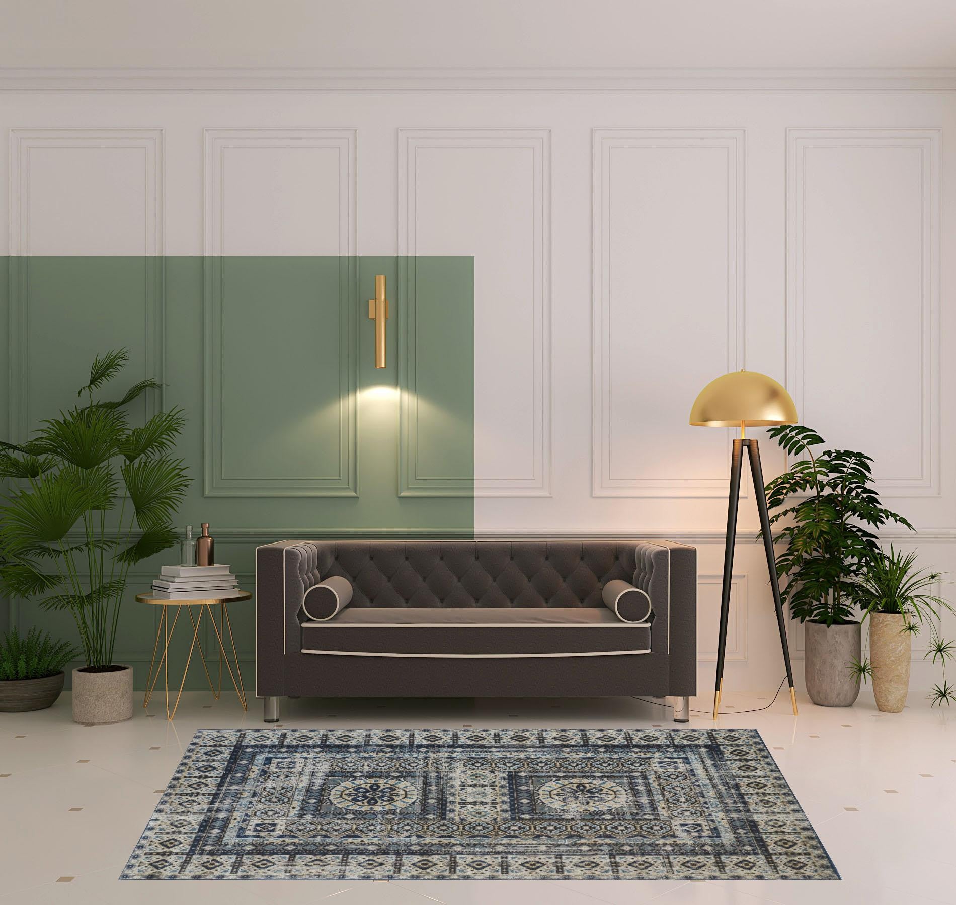 4' X 6' Ivory Tan And Blue Abstract Power Loom Distressed Stain Resistant Area Rug