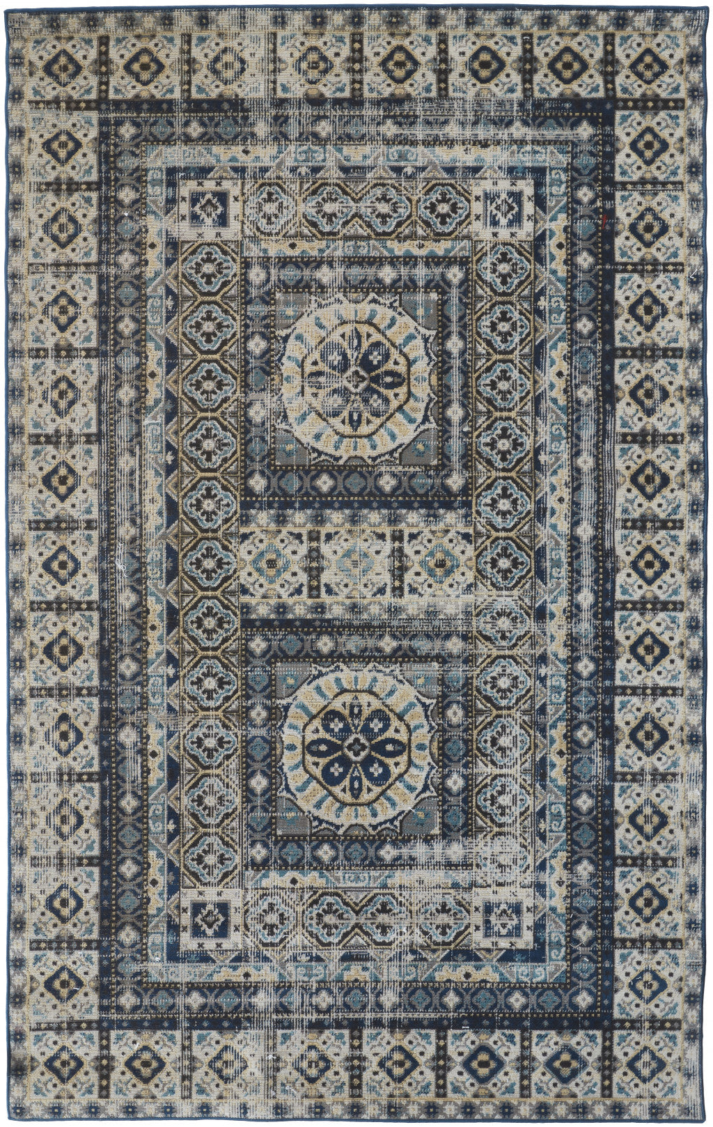 4' X 6' Ivory Tan And Blue Abstract Power Loom Distressed Stain Resistant Area Rug
