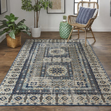 4' X 6' Ivory Tan And Blue Abstract Power Loom Distressed Stain Resistant Area Rug