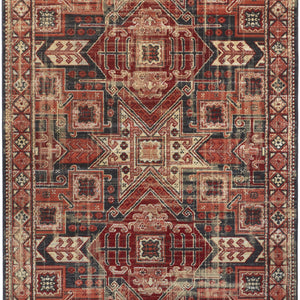 Red Tan And Black Abstract Power Loom Distressed Stain Resistant Area Rug - 4' x 6'