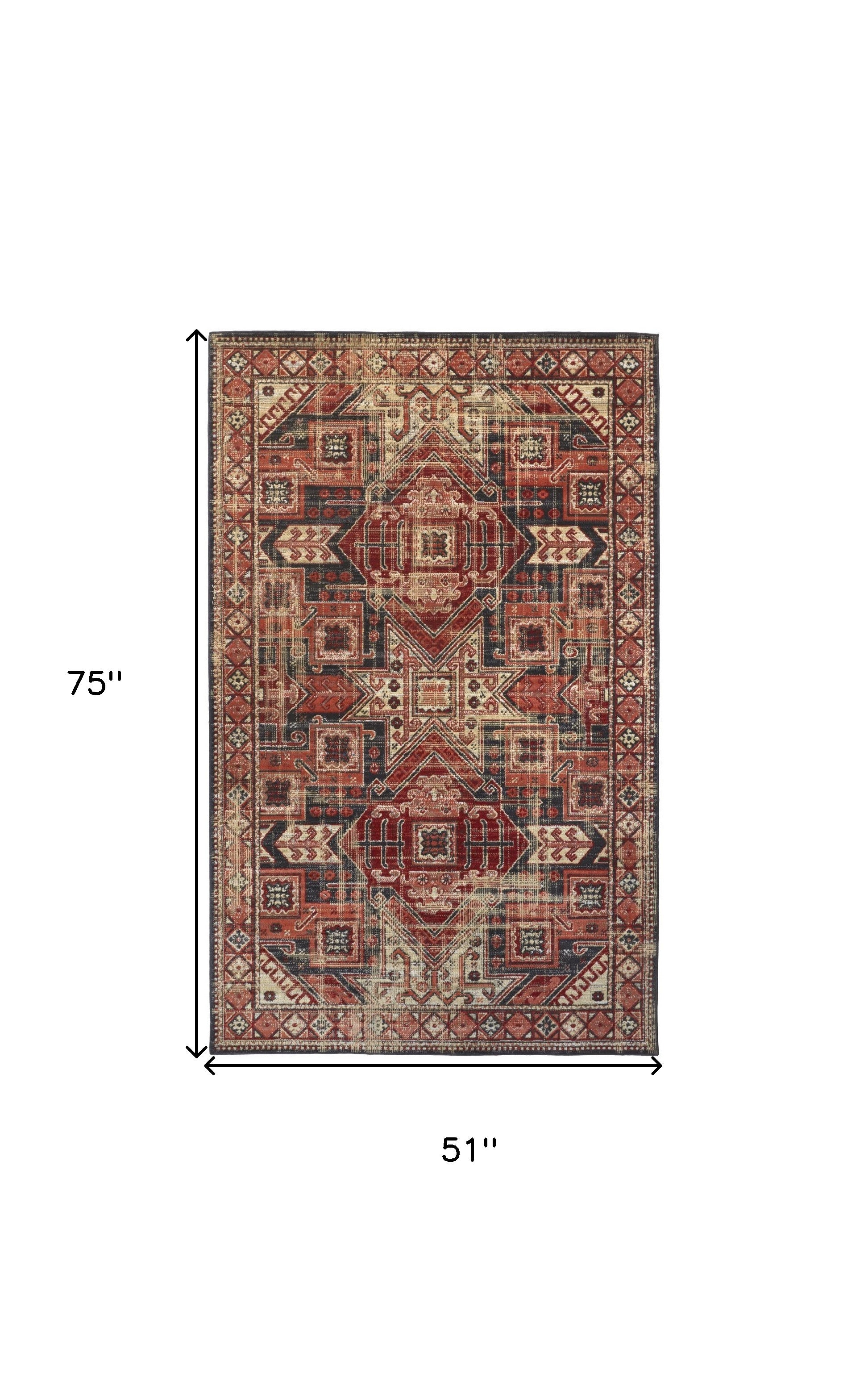 Red Tan And Black Abstract Power Loom Distressed Stain Resistant Area Rug - 4' x 6'