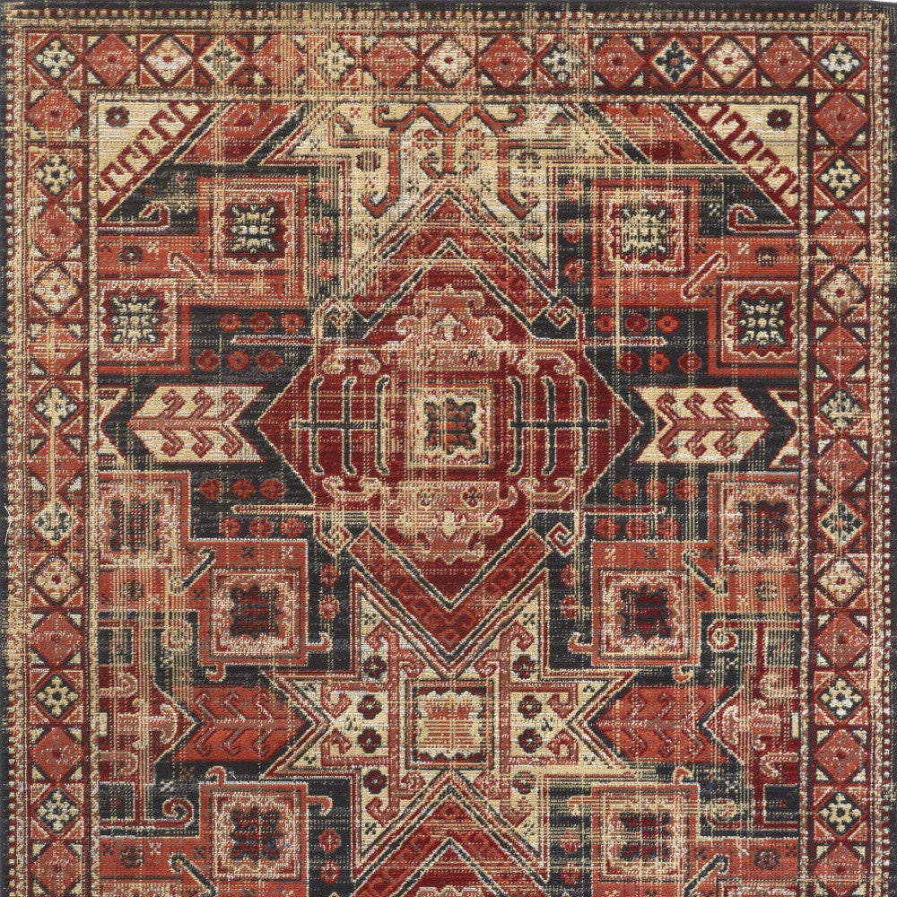 Red Tan And Black Abstract Power Loom Distressed Stain Resistant Area Rug - 4' x 6'