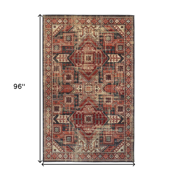 Red Tan And Black Abstract Power Loom Distressed Stain Resistant Area Rug - 4' x 6'