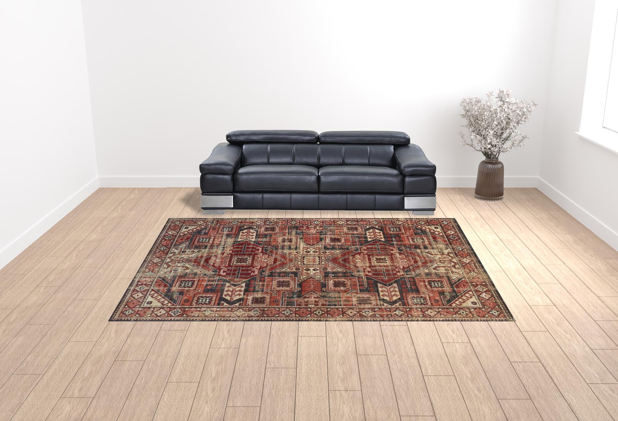 Red Tan And Black Abstract Power Loom Distressed Stain Resistant Area Rug - 4' x 6'