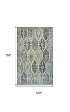 8' X 11' Green Blue And Ivory Abstract Power Loom Distressed Stain Resistant Area Rug