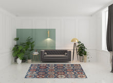 4' X 6' Blue Red And Tan Abstract Power Loom Distressed Stain Resistant Area Rug