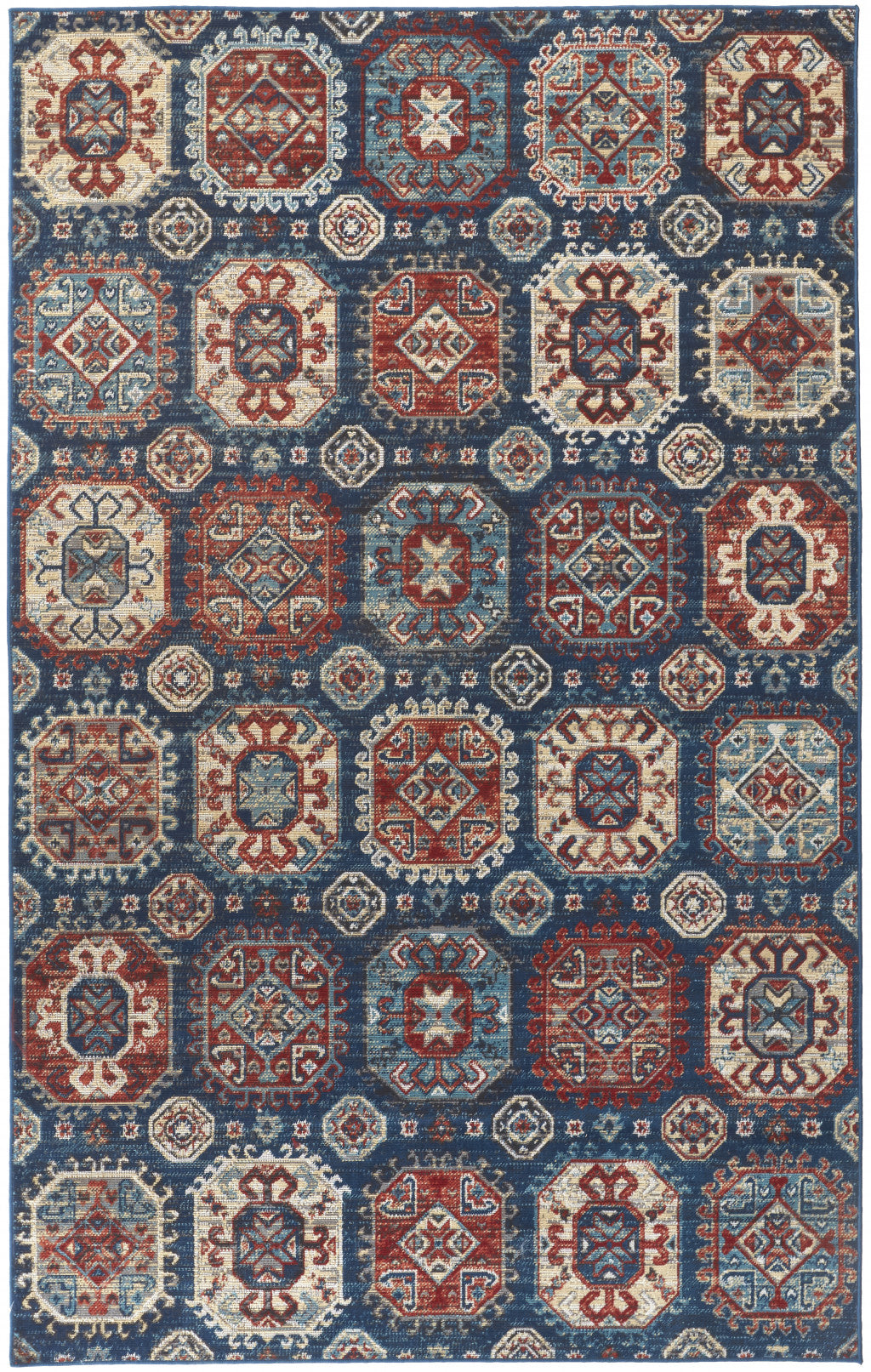 4' X 6' Blue Red And Tan Abstract Power Loom Distressed Stain Resistant Area Rug