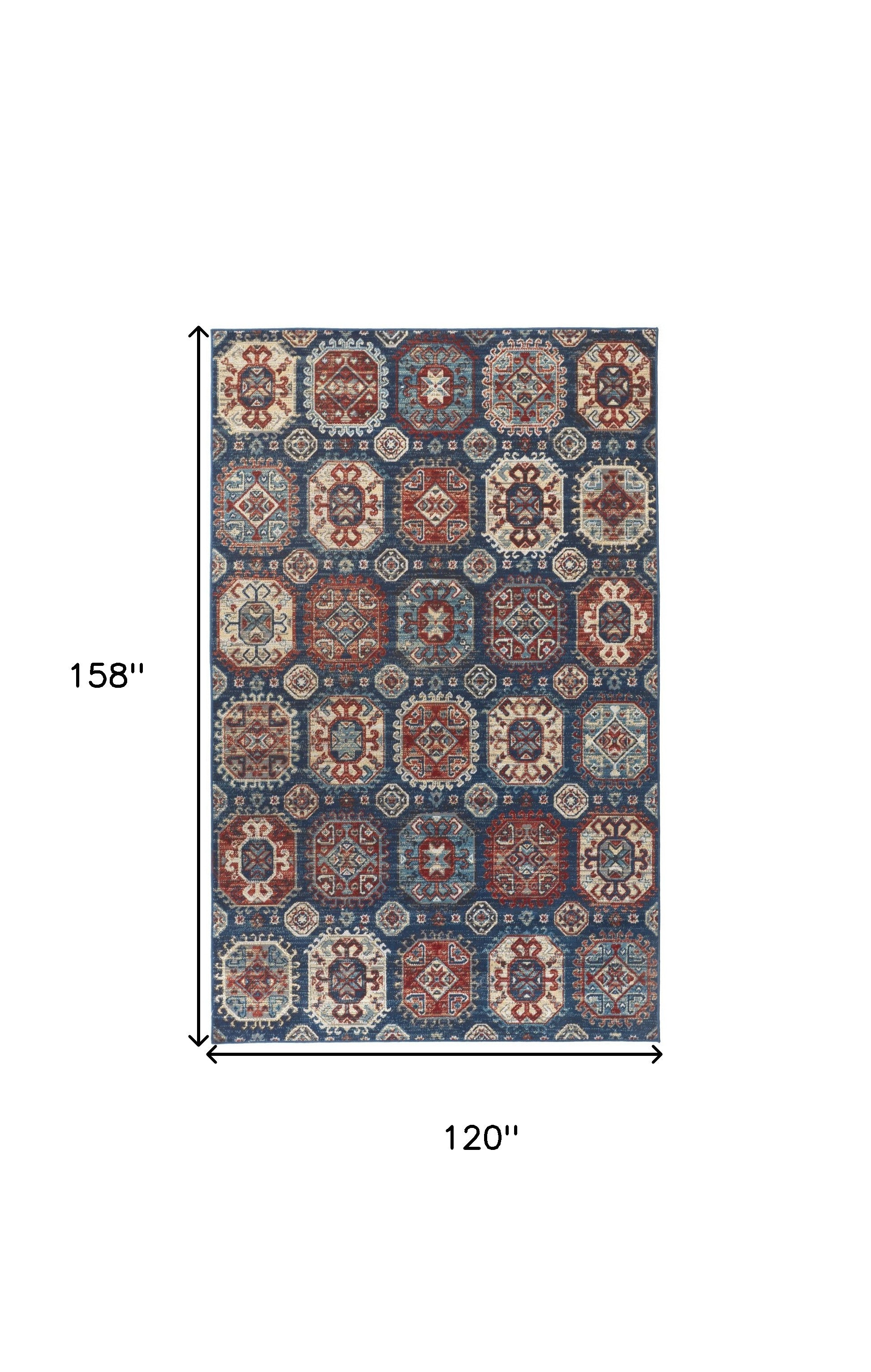 4' X 6' Blue Red And Tan Abstract Power Loom Distressed Stain Resistant Area Rug