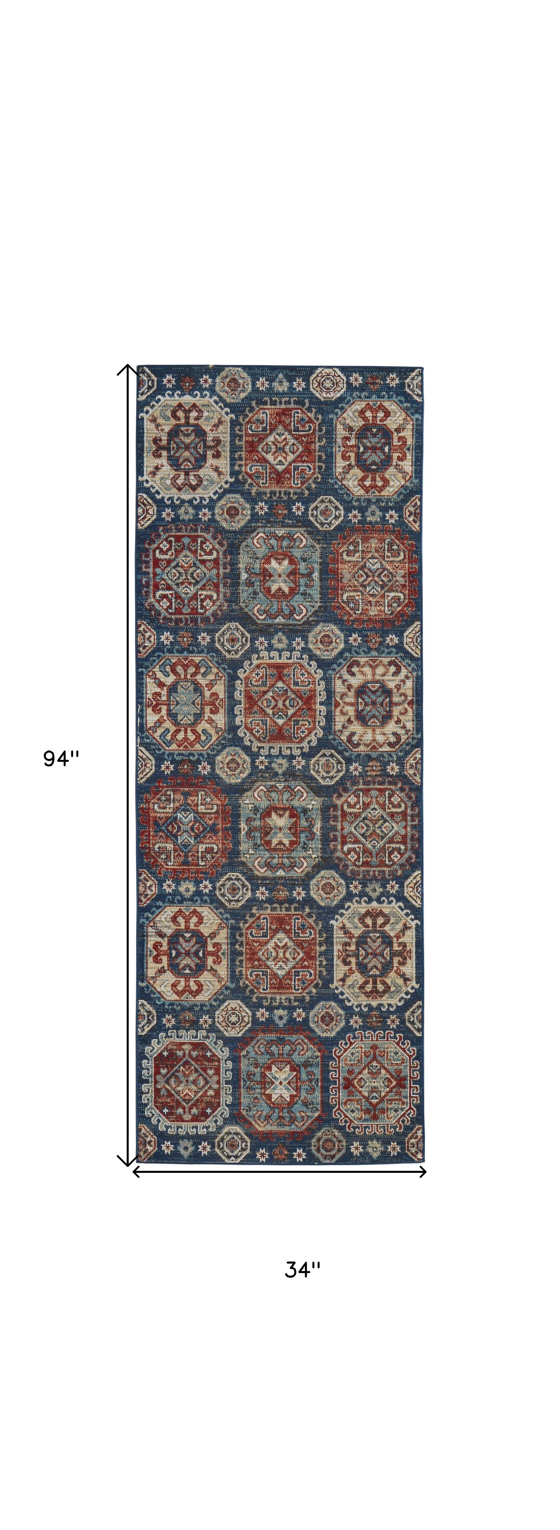 4' X 6' Blue Red And Tan Abstract Power Loom Distressed Stain Resistant Area Rug