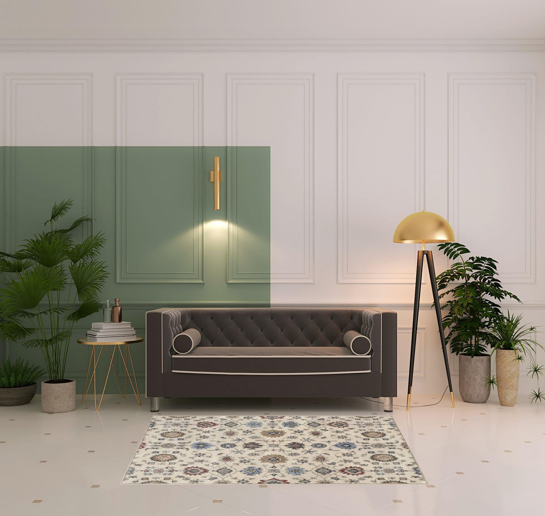 4' X 6' Ivory Blue And Tan Wool Floral Tufted Handmade Stain Resistant Area Rug