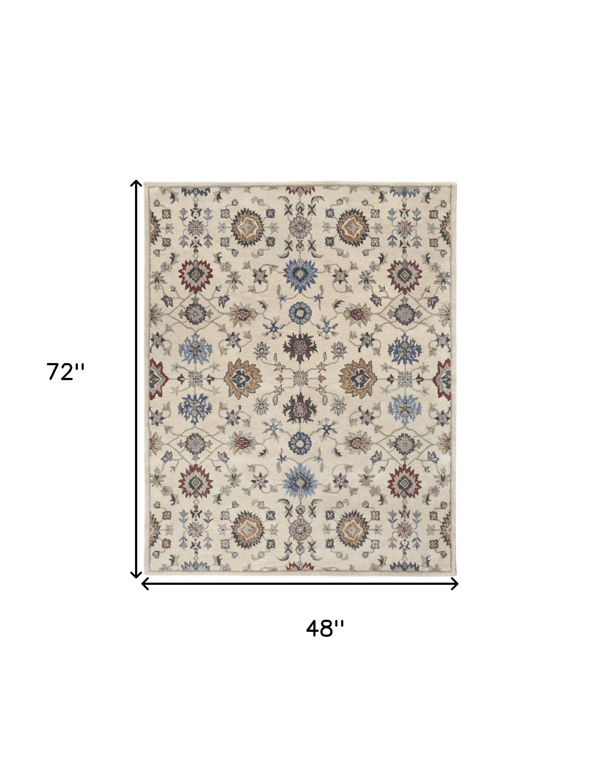 4' X 6' Ivory Blue And Tan Wool Floral Tufted Handmade Stain Resistant Area Rug