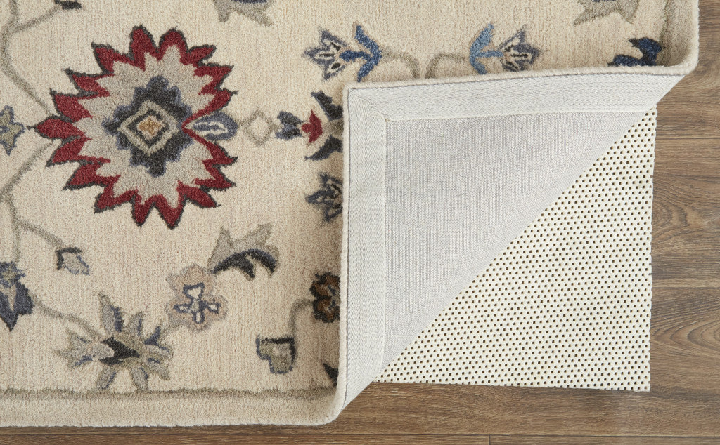 4' X 6' Ivory Blue And Tan Wool Floral Tufted Handmade Stain Resistant Area Rug