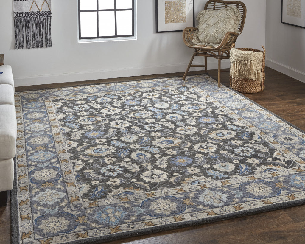 4' X 6' Taupe Blue And Ivory Wool Floral Tufted Handmade Area Rug