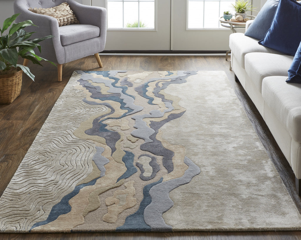 8' X 10' Tan Brown And Blue Wool Abstract Tufted Handmade Area Rug