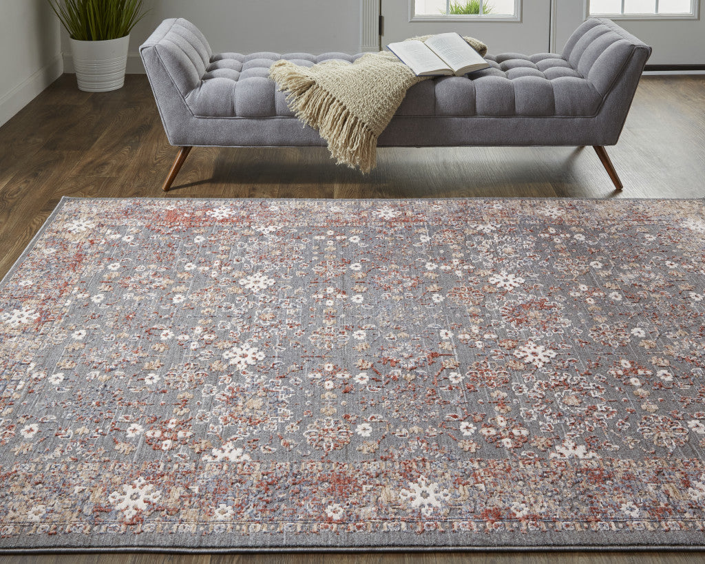 8' X 10' Taupe Gray And Orange Floral Power Loom Area Rug