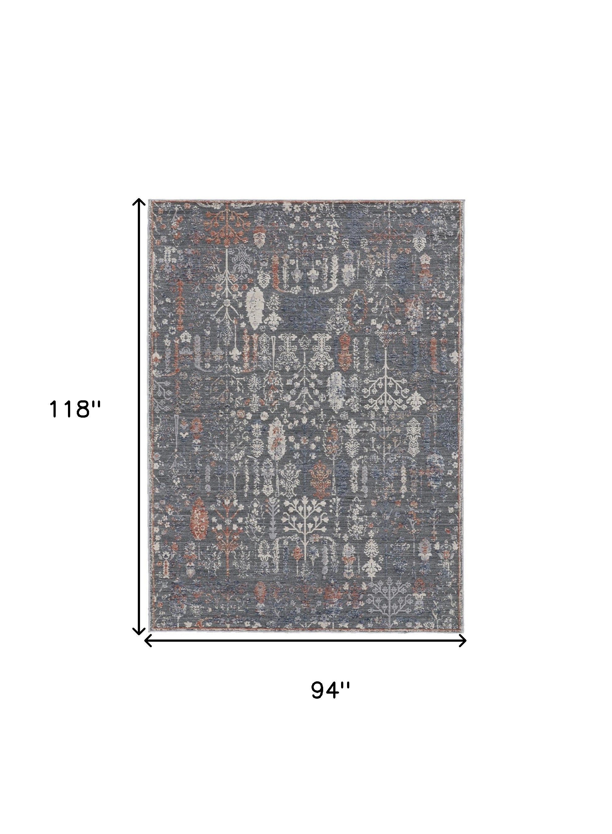 8' X 10' Gray Ivory And Orange Floral Power Loom Area Rug