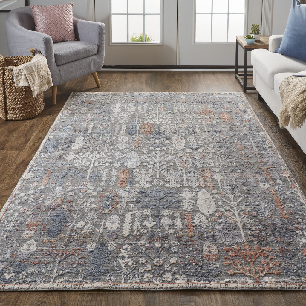 8' X 10' Gray Ivory And Orange Floral Power Loom Area Rug