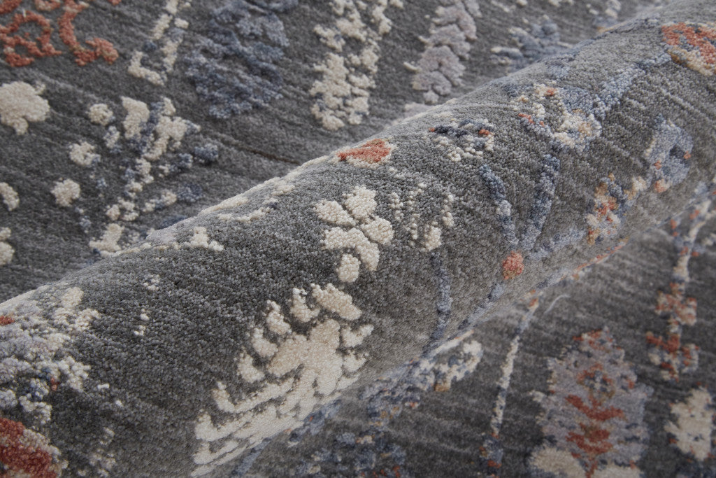 8' X 10' Gray Ivory And Orange Floral Power Loom Area Rug