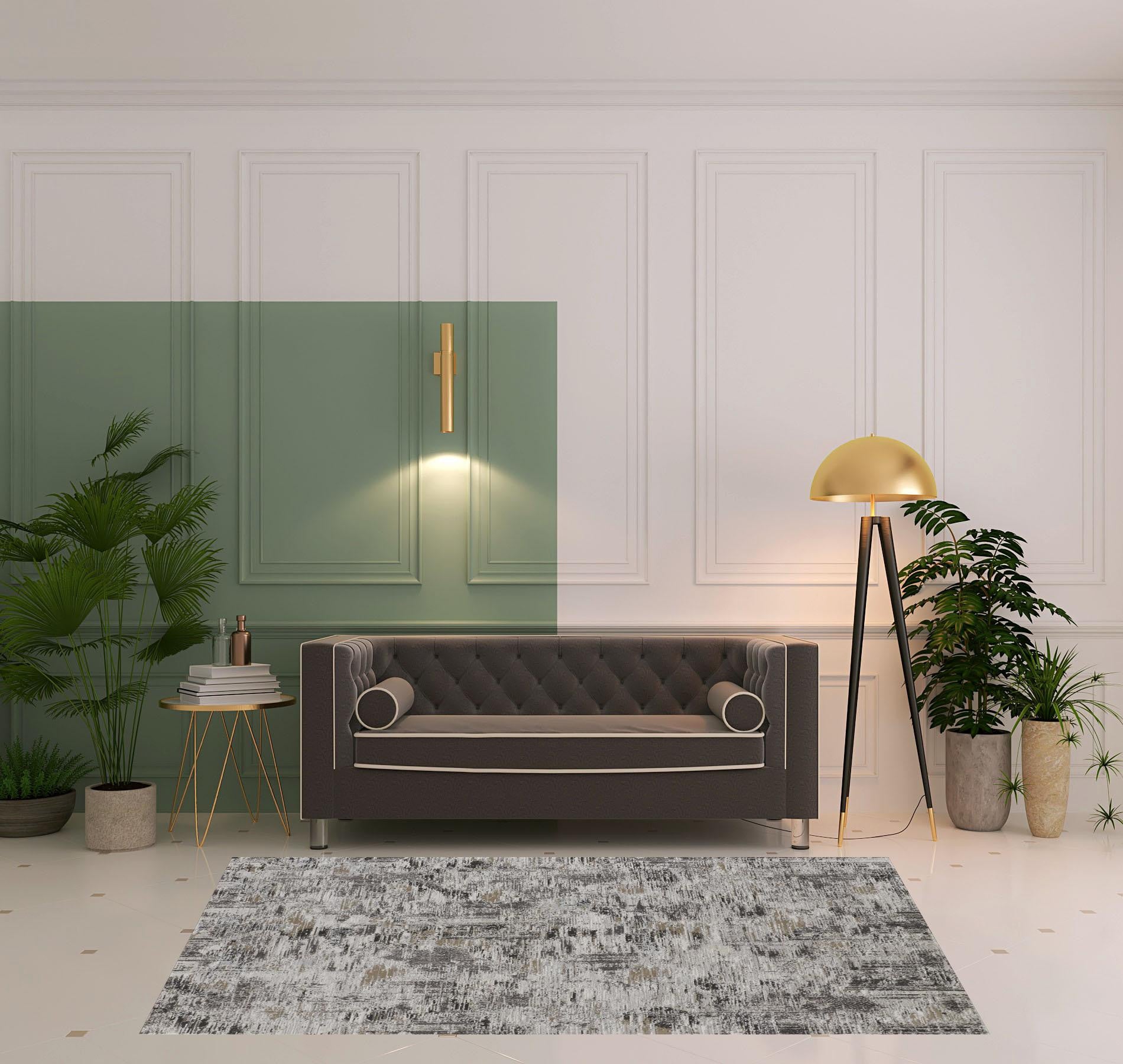 4' X 6' Ivory Gray And Brown Abstract Power Loom Distressed Stain Resistant Area Rug