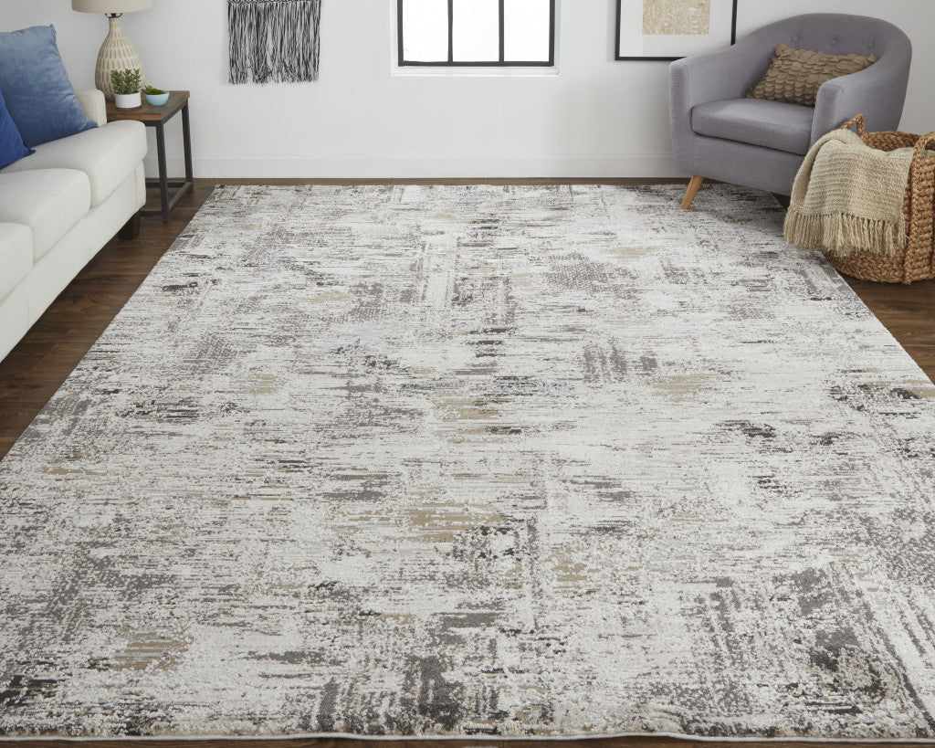 4' X 6' Ivory Gray And Brown Abstract Power Loom Distressed Stain Resistant Area Rug