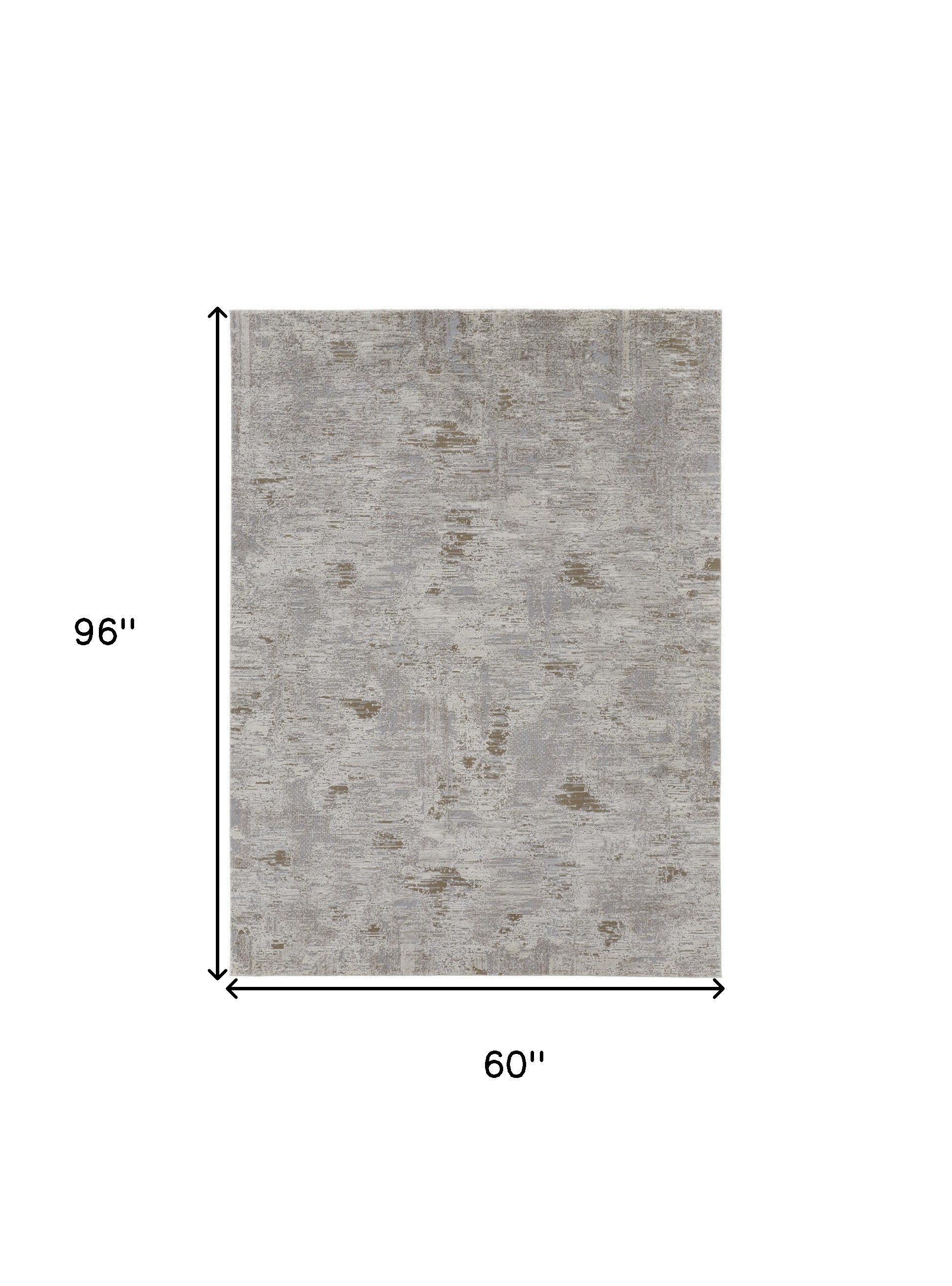 4' X 6' Ivory Gray And Brown Abstract Power Loom Distressed Stain Resistant Area Rug