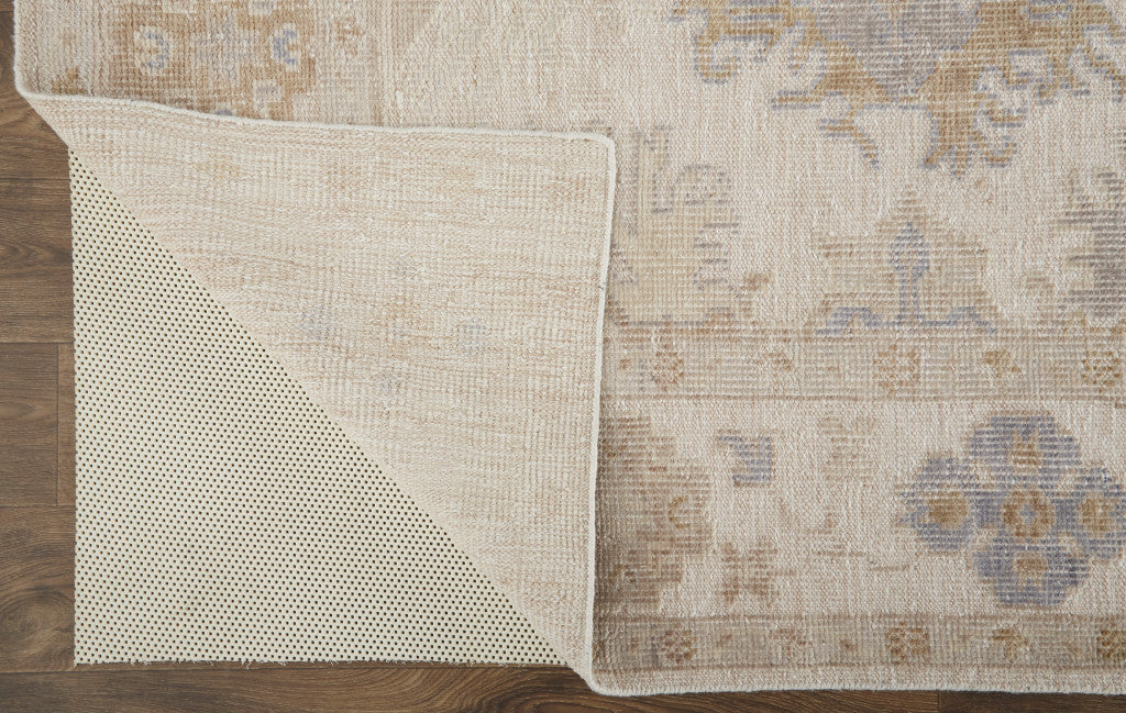 4' X 6' Ivory Tan And Blue Floral Hand Knotted Stain Resistant Area Rug