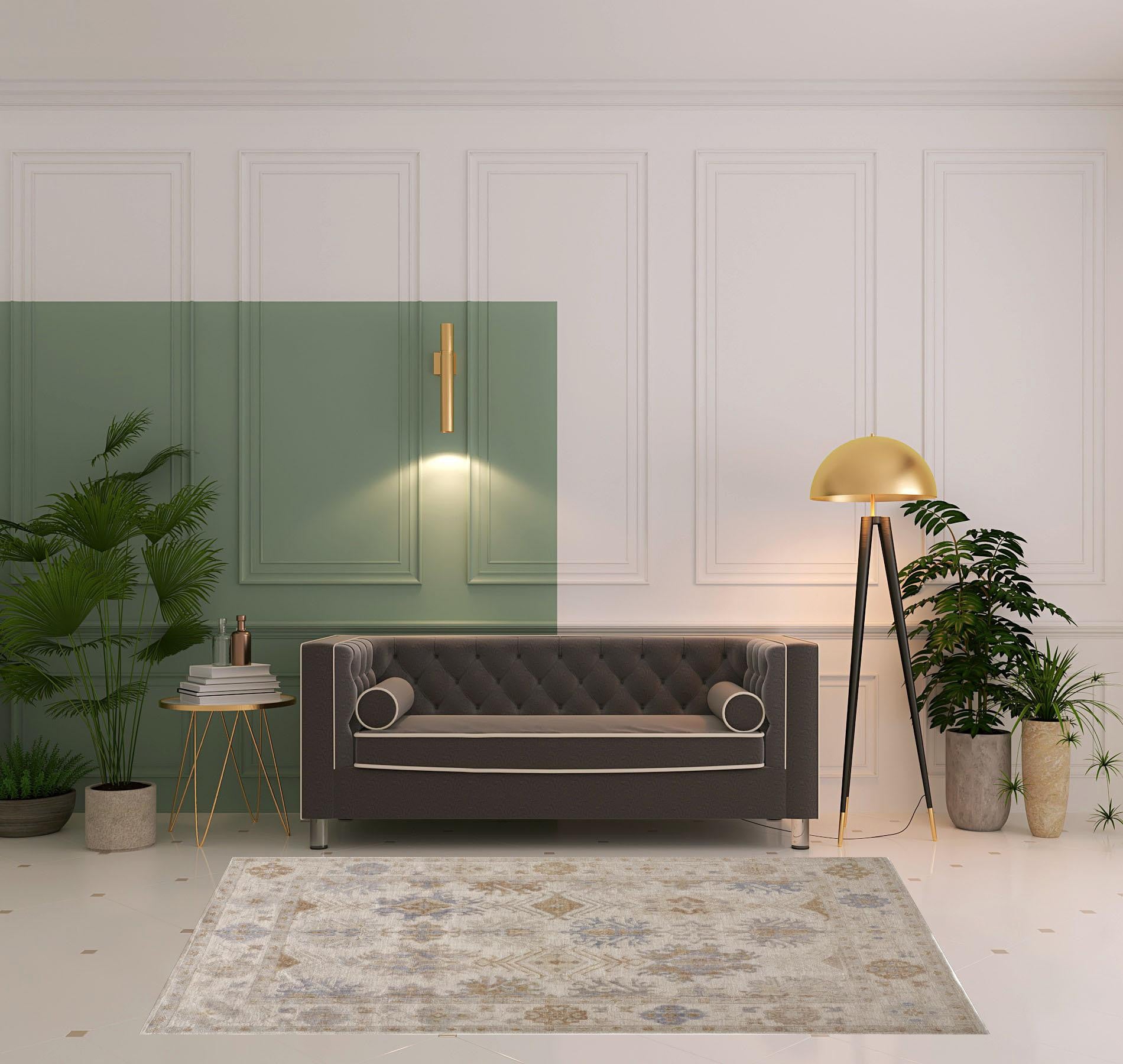 4' X 6' Ivory Tan And Blue Floral Hand Knotted Stain Resistant Area Rug