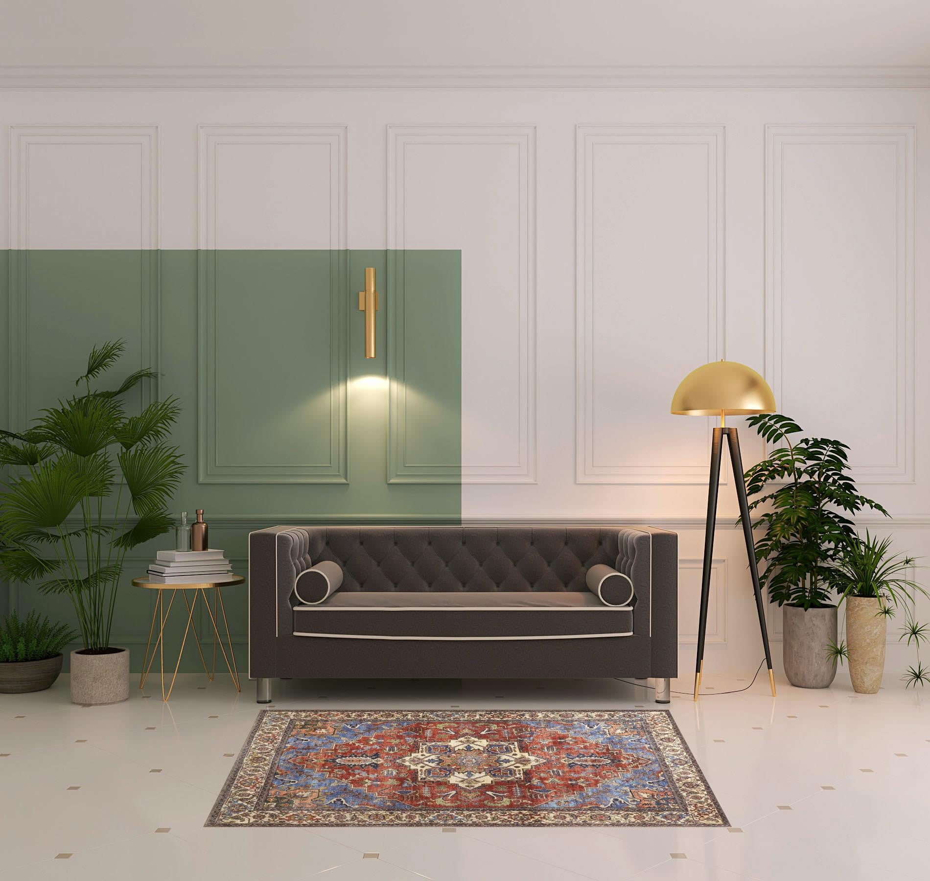 4' X 6' Blue Red And Ivory Floral Area Rug