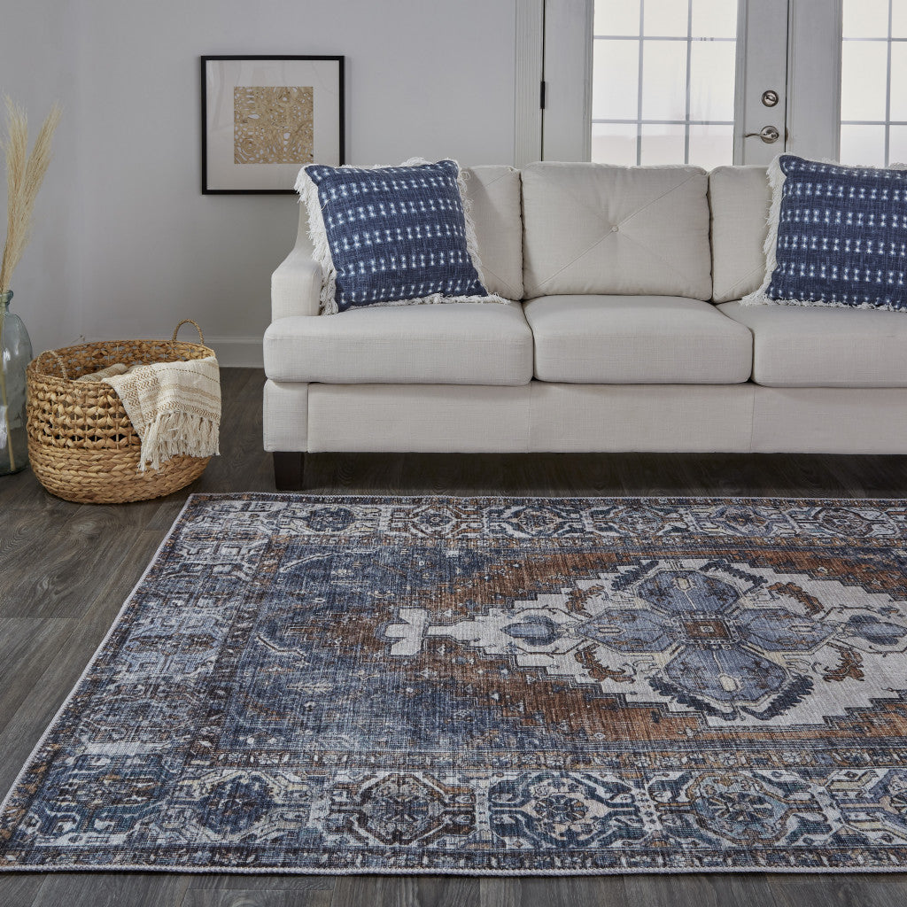 4' X 6' Blue Ivory And Brown Floral Area Rug