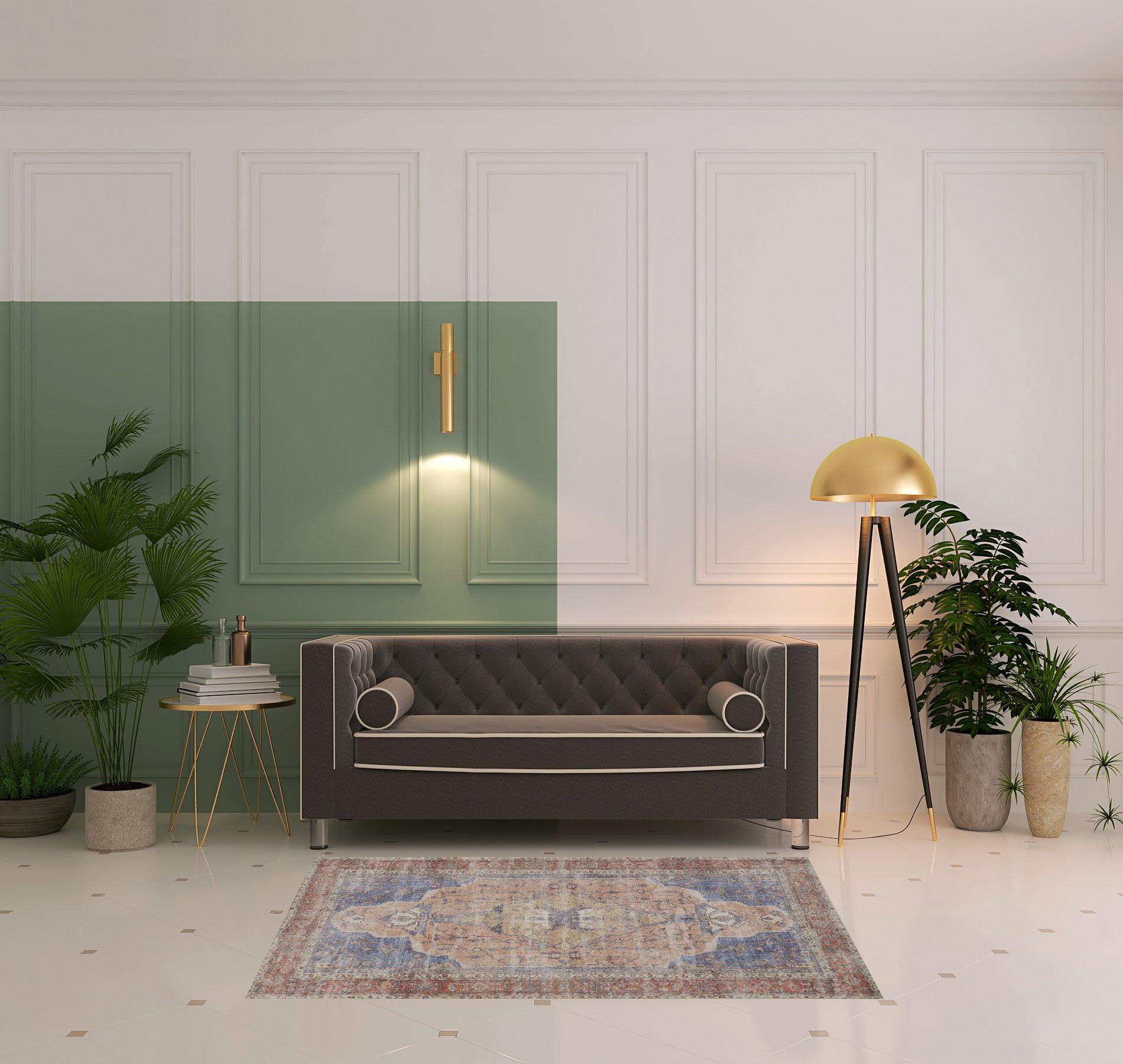 Red Tan And Blue Abstract Area Rug - 4' x 6'